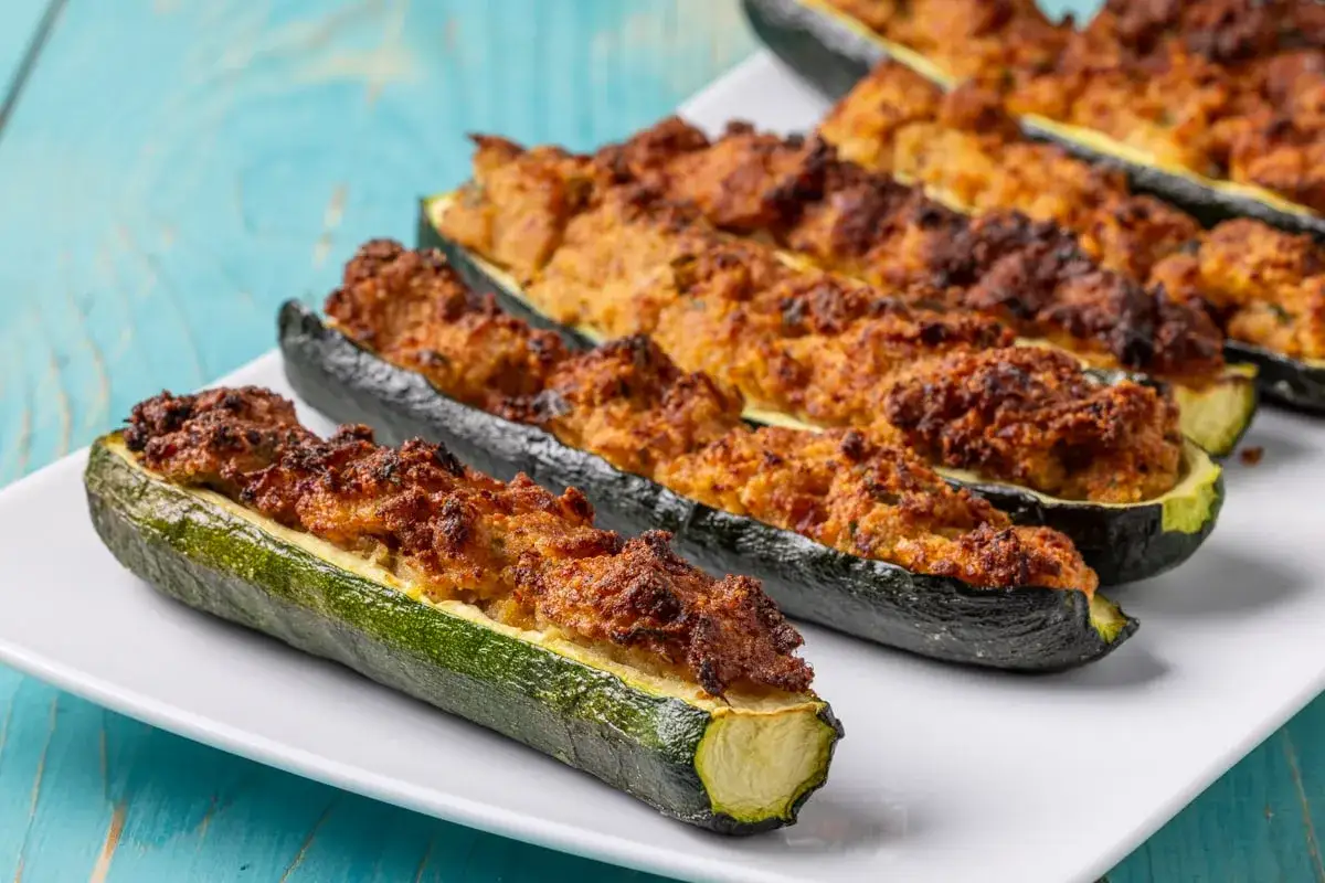 Zucchine ripiene cotte in padella, dorate e appetitose, pronte per essere gustate.