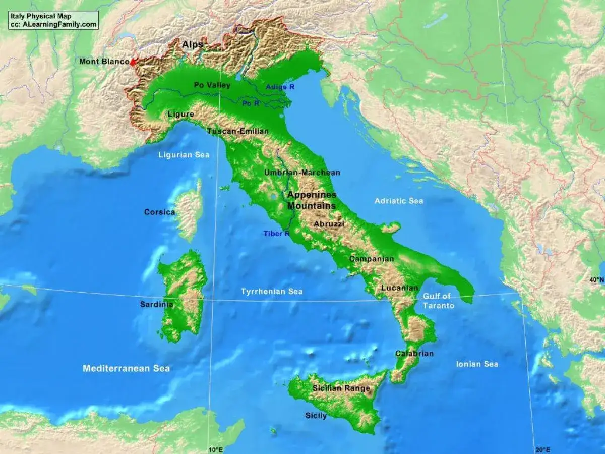 Mapa fizyczna Włoch. Widoczne Alpy, Apeniny i inne góry we Włoszech, a także morza i wyspy.