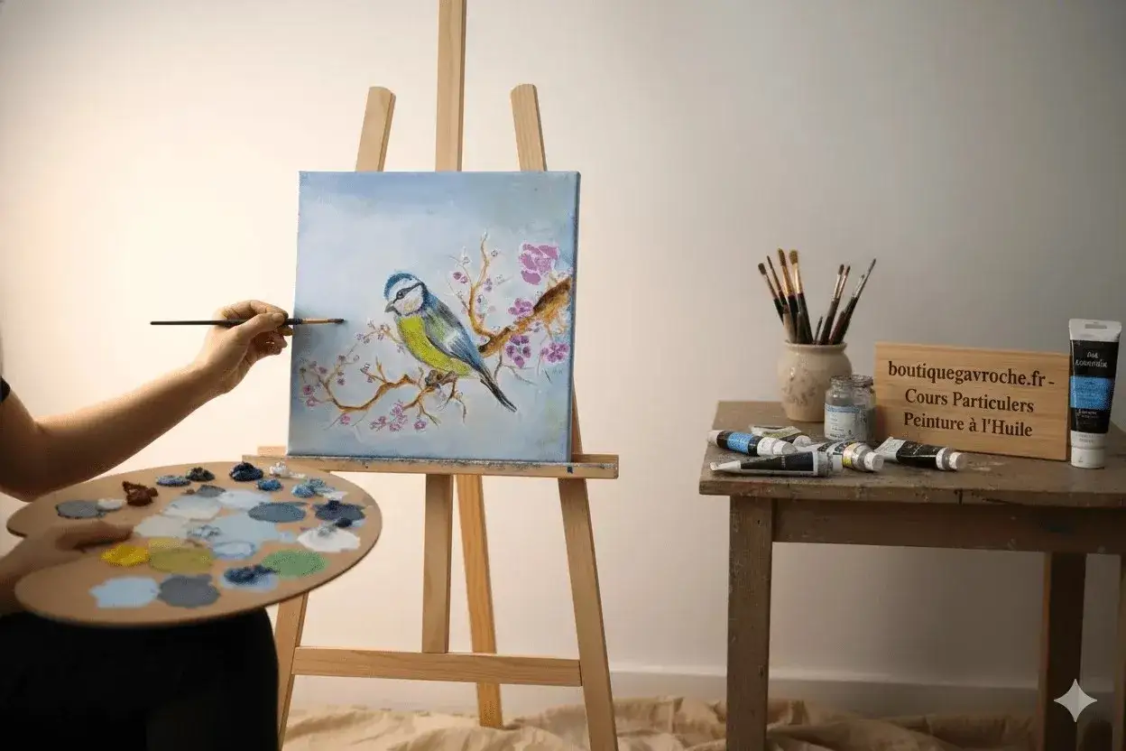 Apprendre comment utiliser la peinture à l'huile pour créer un tableau de mésange sur une branche fleurie. Palette, pinceaux et tubes de peinture à portée de main.