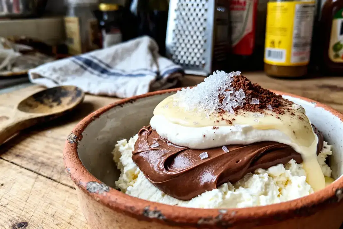 Un bol rustique rempli d'une délicieuse recette ganache Nutella mascarpone, garnie de crème, de cacao et de gros sel.