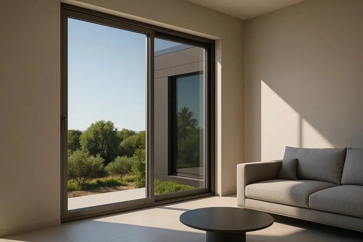 Un sal&oacute;n moderno con un sof&aacute; gris y una mesa baja. El gran cristal guardian sun ofrece vistas a un paisaje verde y soleado.