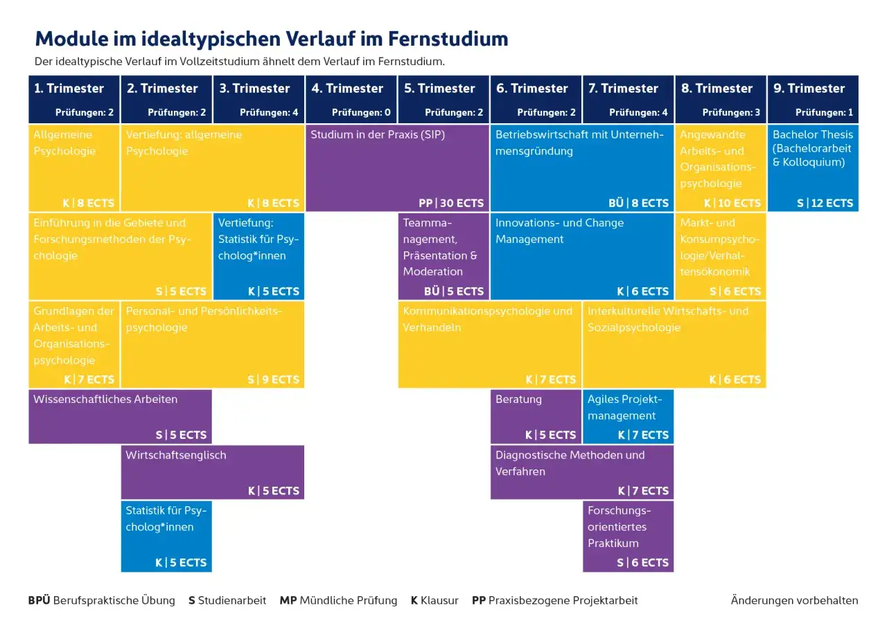 Übersicht über Module im Fernstudium: Hier sieht man, wo man Wirtschaftspsychologie studieren kann, aufgeteilt nach Trimestern und ECTS.