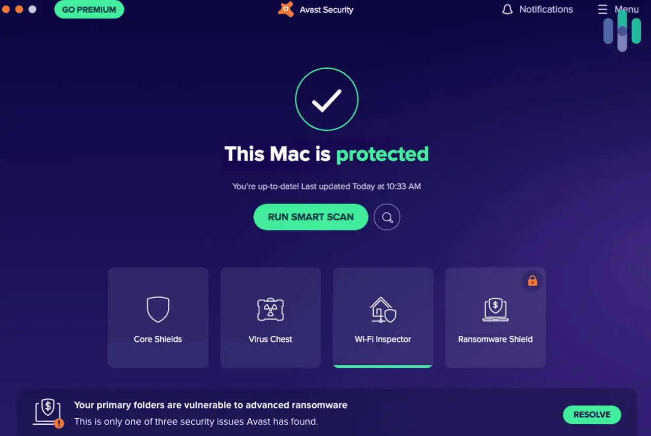 Interfejs Avast Security informuje, że Mac jest chroniony. Kliknij 