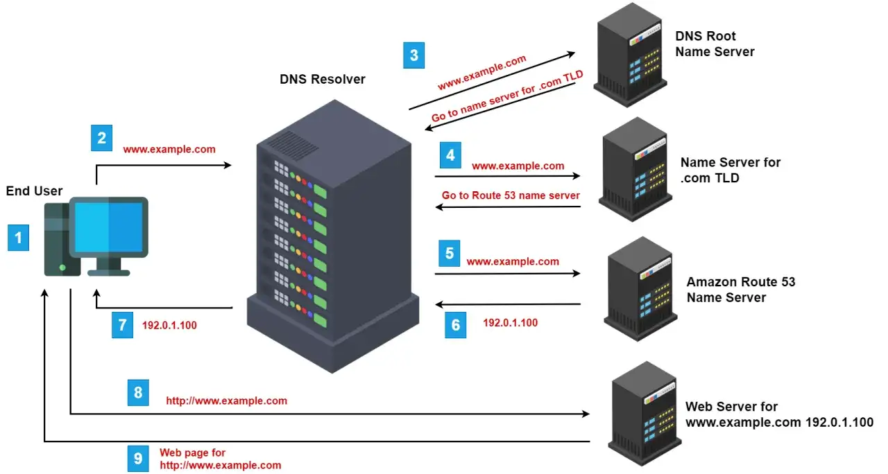 Schemat działania DNS: użytkownik wpisuje adres, resolver szuka IP przez serwery DNS, aż do serwera webowego.