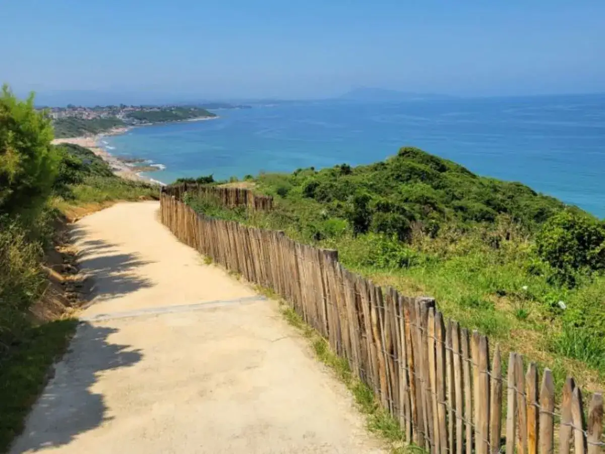 Sentier côtier bordé de bois menant à une plage, avec vue sur la mer bleue et les collines verdoyantes du **gr pays basque**.