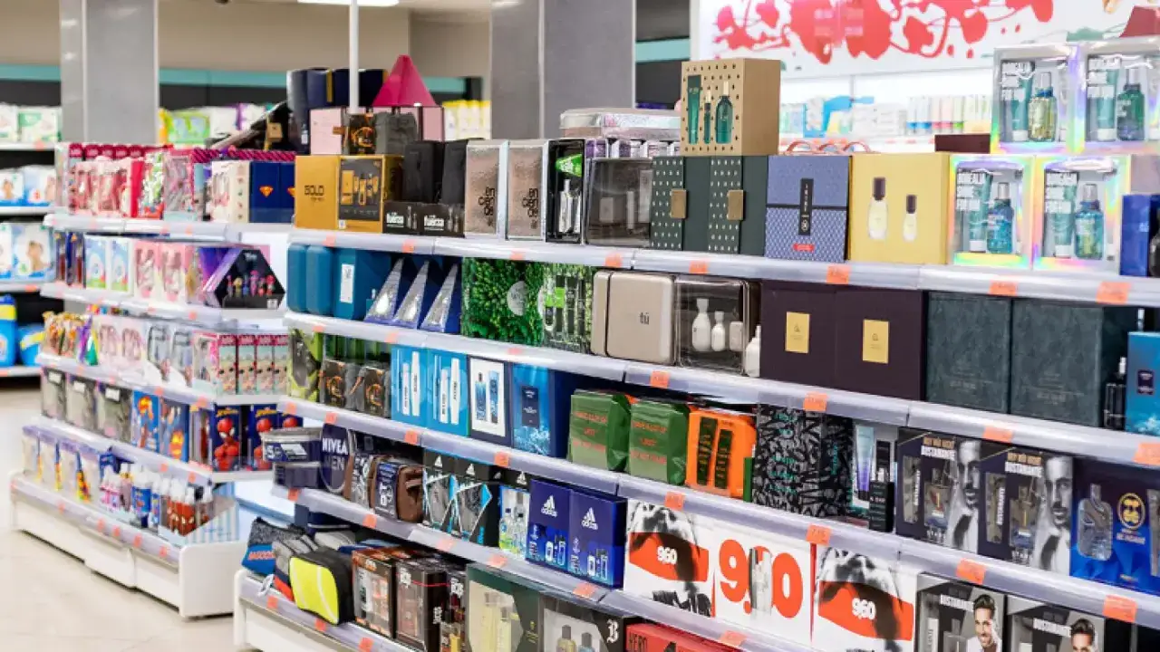 Estanterías llenas de perfumes y sets de regalo para hombre. Busca la mejor colonia Mercadona hombre para un regalo perfecto.