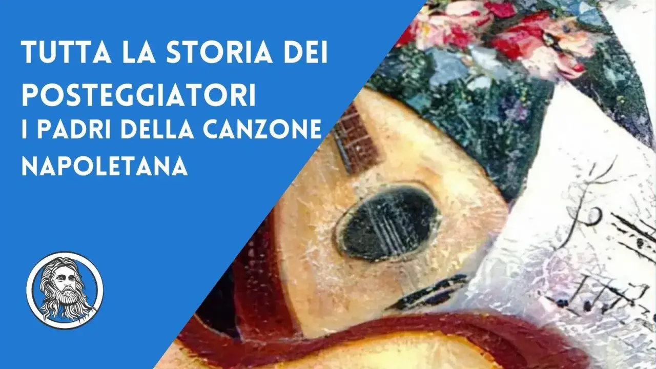 La storia dei posteggiatori, i padri della canzone napoletana, con un ritratto di Pulcinella e note musicali.