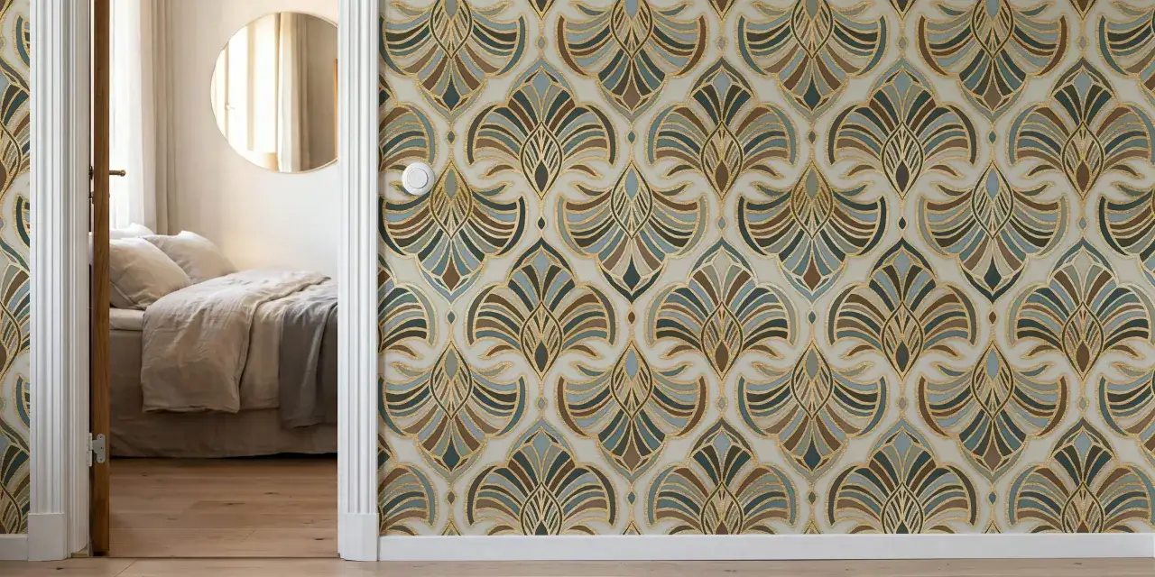 Tapeta w stylu art deco z geometrycznym wzorem w odcieniach brązu, błękitu i złota.
