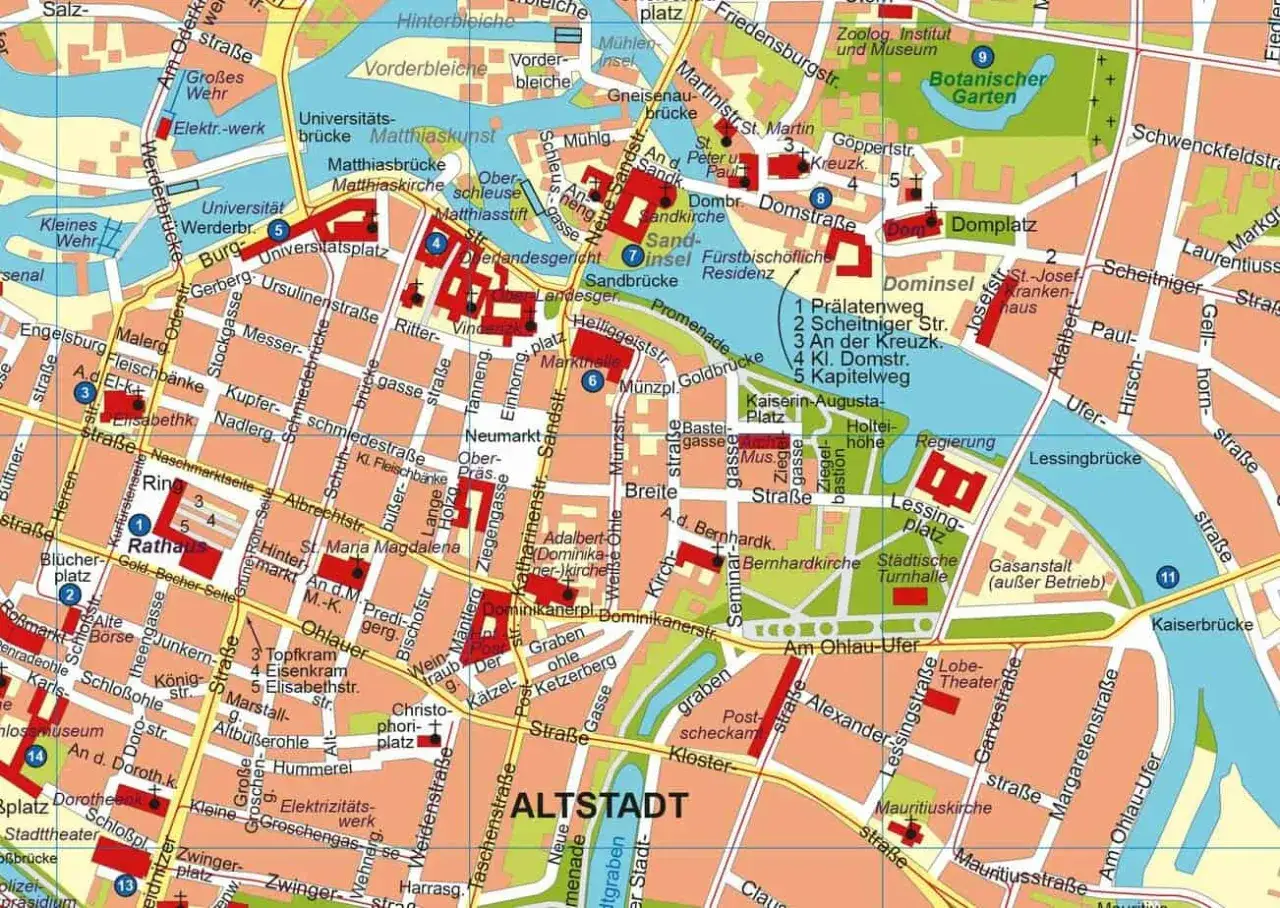 Karte von Breslau mit vielen Stra&szlig;en und Geb&auml;uden. Parken in Breslau ist hier gut zu finden.