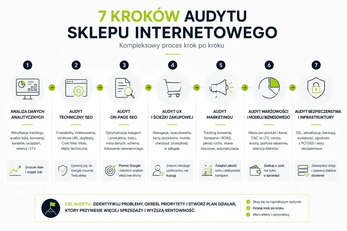 7 krok&oacute;w audytu sklepu: analiza danych, audyt techniczny SEO, on-page, UX, marketingu, marżowości i bezpieczeństwa.