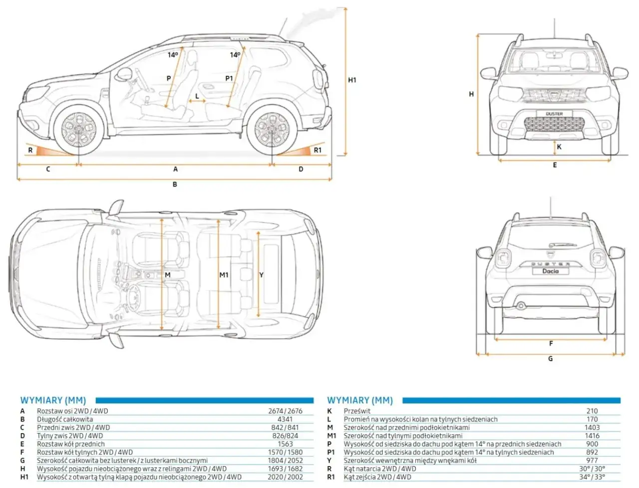 Dacia Duster wymiary: schemat z oznaczeniami długości, szerokości i wysokości. Widok z boku, góry i przodu.
