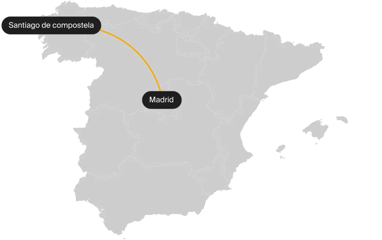 Mapa de España mostrando la ruta de Santiago de Compostela a Madrid. La distancia entre ambas ciudades es considerable.