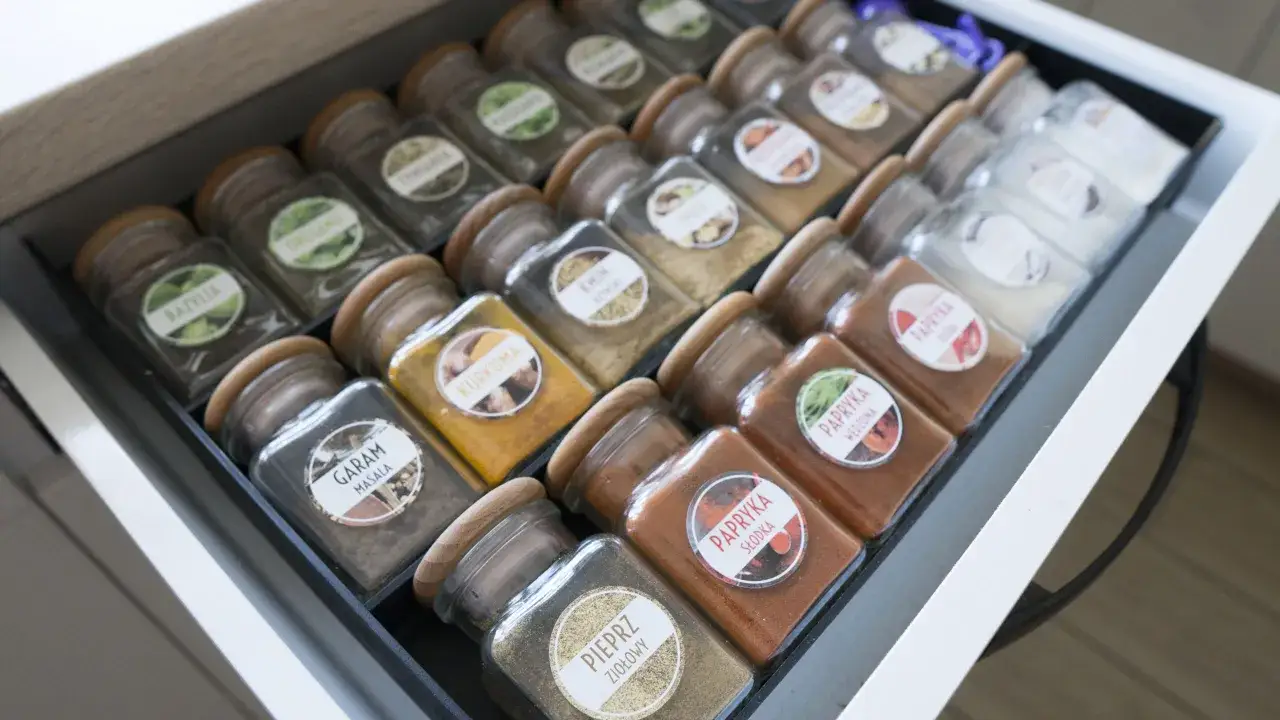Uporządkowane słoiczki na przyprawy w szufladzie: bazylia, oregano, tymianek, kurkuma, garam masala, papryka słodka i wędzona, pieprz ziołowy.