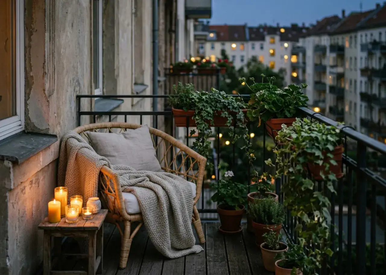 Przytulny balkon z wiklinowym fotelem, kocem i poduszką. Ciepłe światło świec tworzy magiczny nastrój, idealny pomysł na oświetlenie balkonu.