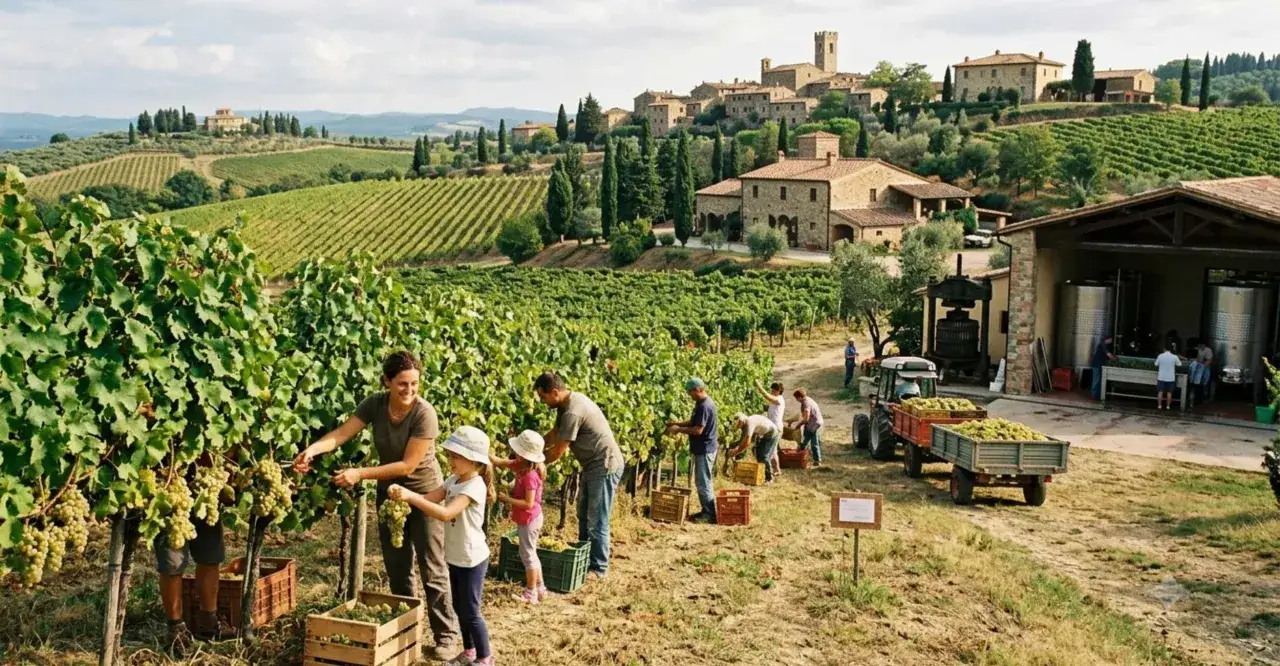 Raccolta uva in vigneti toscani, con famiglia e villaggio sullo sfondo. Un assaggio delle strade del vino toscana.