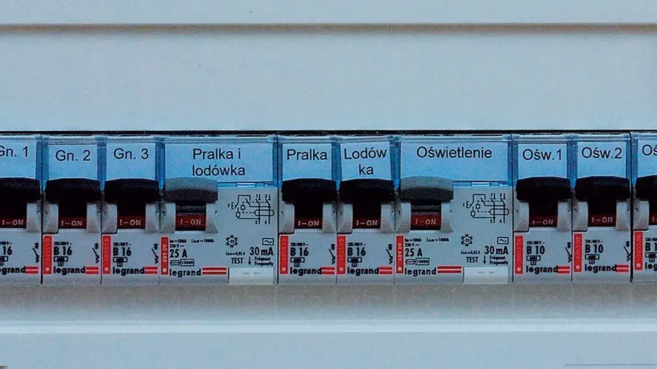 Szczegółowy opis rozdzielni elektrycznej z etykietami: Gn. 1, Gn. 2, Gn. 3, Pralka i lodówka, Pralka, Lodówka, Oświetlenie, Ośw.1, Ośw.2.