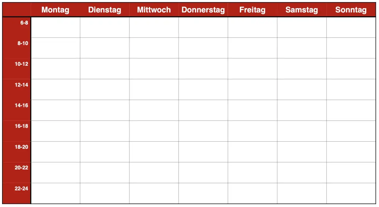 Leere Tabelle mit Zeitfenstern und Wochentagen, ideal um zu planen, wie erstelle ich einen lernplan für die Woche.