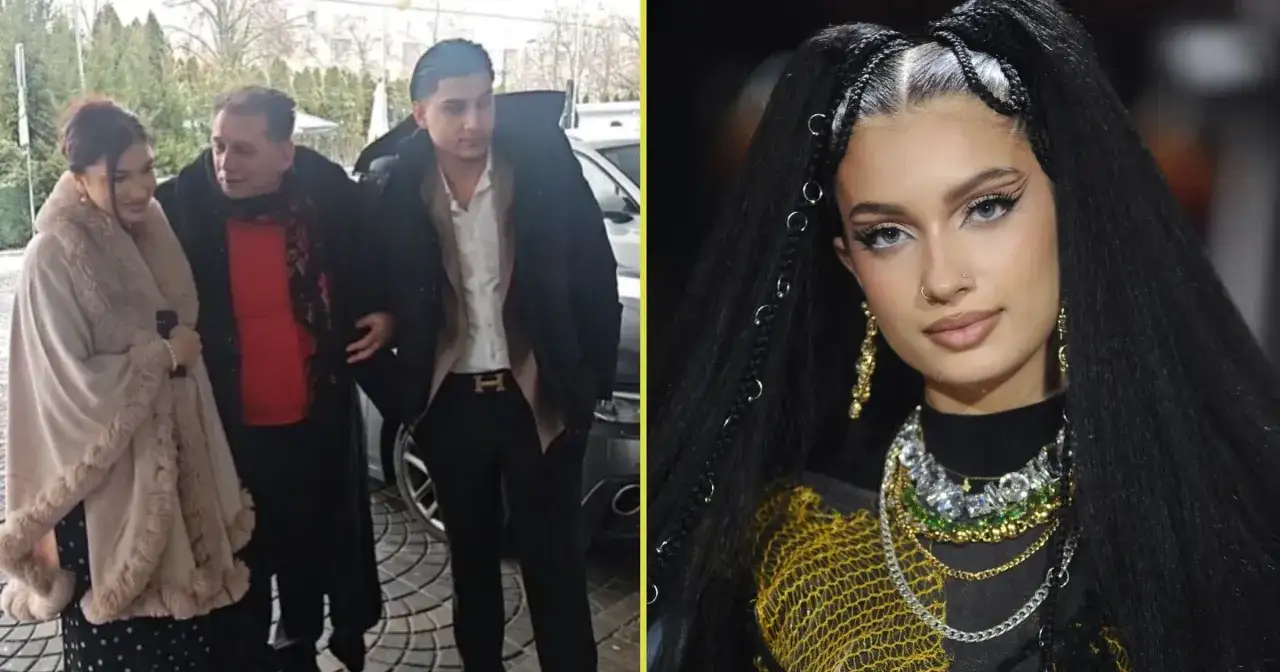 Viki Gabor w eleganckiej stylizacji, obok niej rodzina.