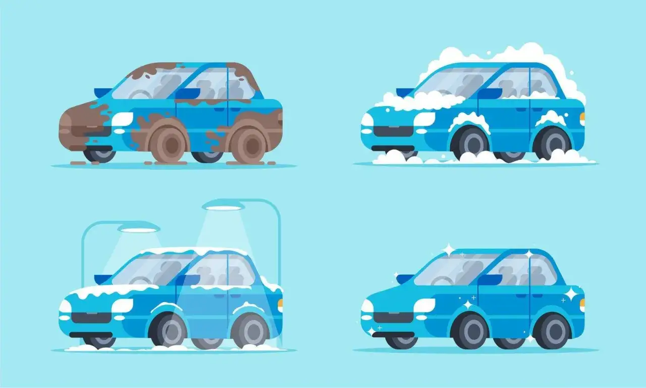 Vier Bilder zeigen die **Auto waschen Reihenfolge**: schmutzig, eingesch&auml;umt, abgesp&uuml;lt und gl&auml;nzend sauber.