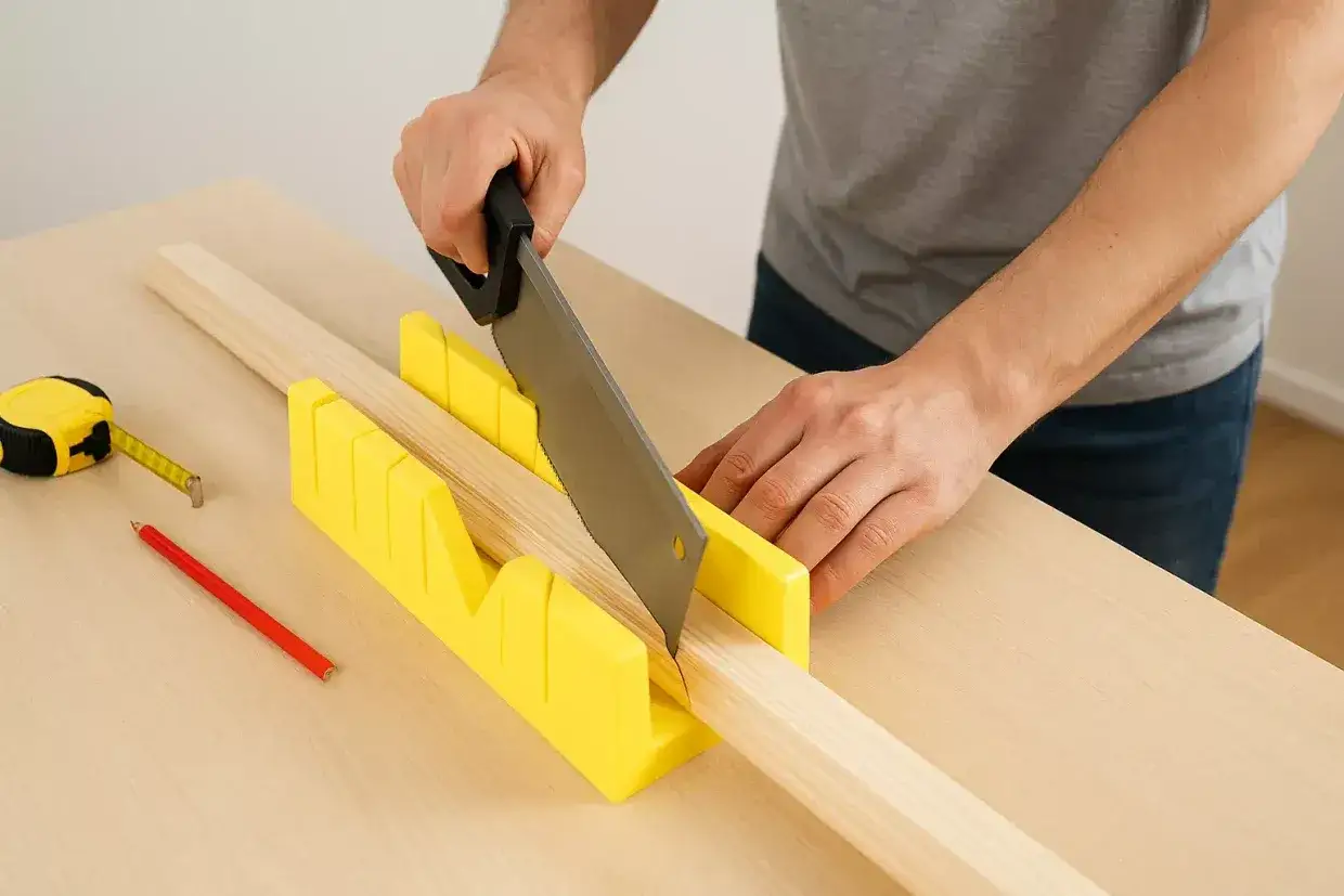 Un bricoleur utilise une boîte à onglets jaune pour une coupe plinthe précise. Un mètre et un crayon sont à proximité.