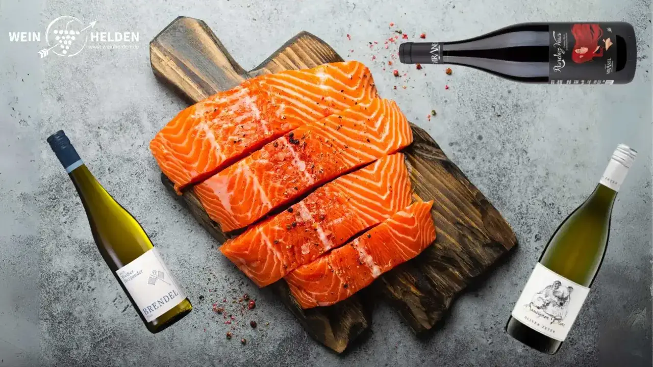 Frischer Lachs auf Holzbrett, daneben Weißwein und Rotwein. Die perfekte Kombination: welcher Wein zu Lachs passt, wird hier gezeigt.