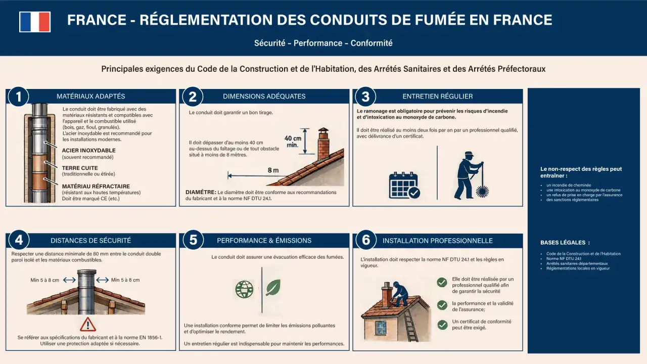Le conduit de cheminée doit respecter une distance de sécurité de 80 mm avec les matériaux combustibles.