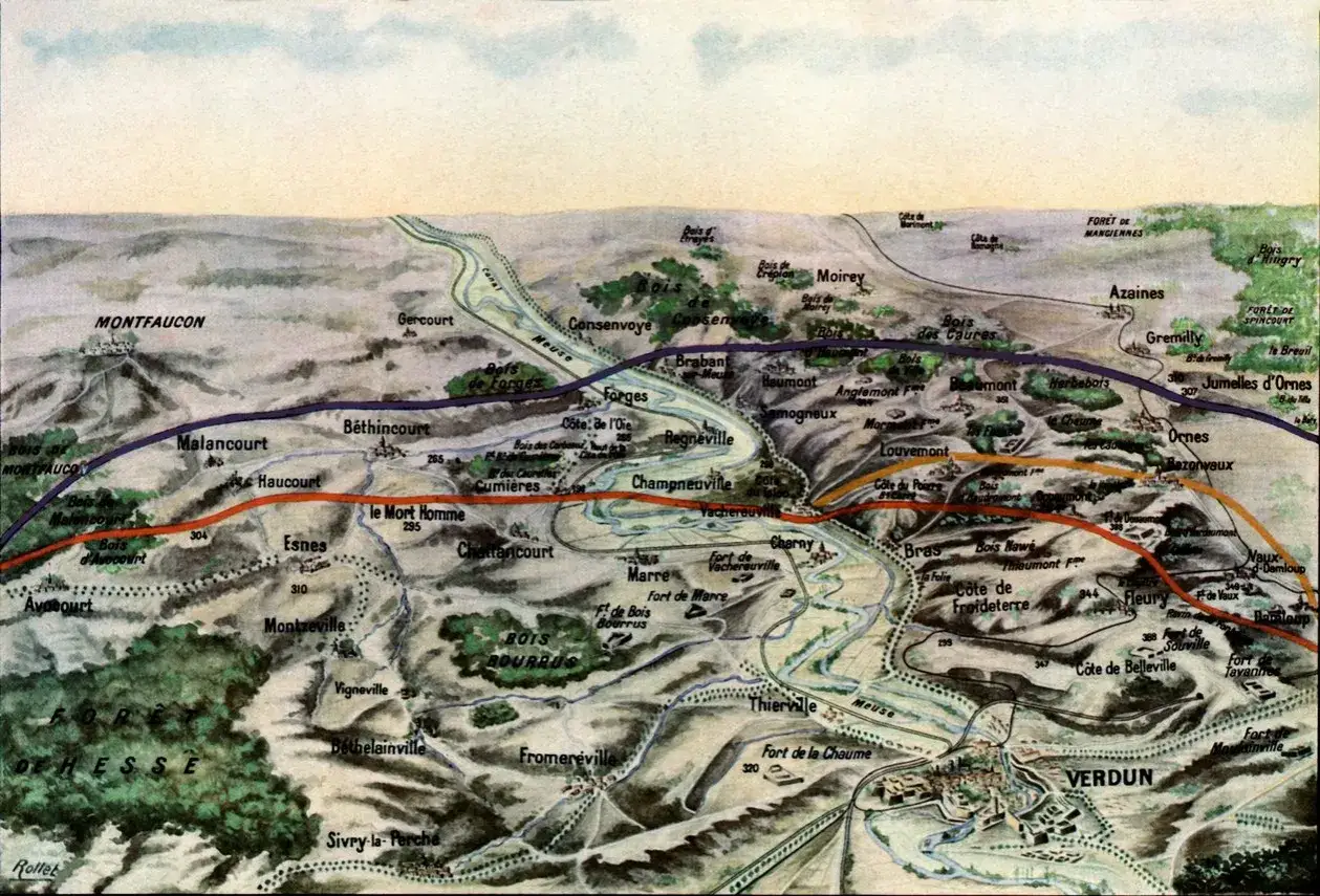 Mapa detallado de la batalla de Verdún, mostrando el río Mosa, pueblos y fortificaciones clave.