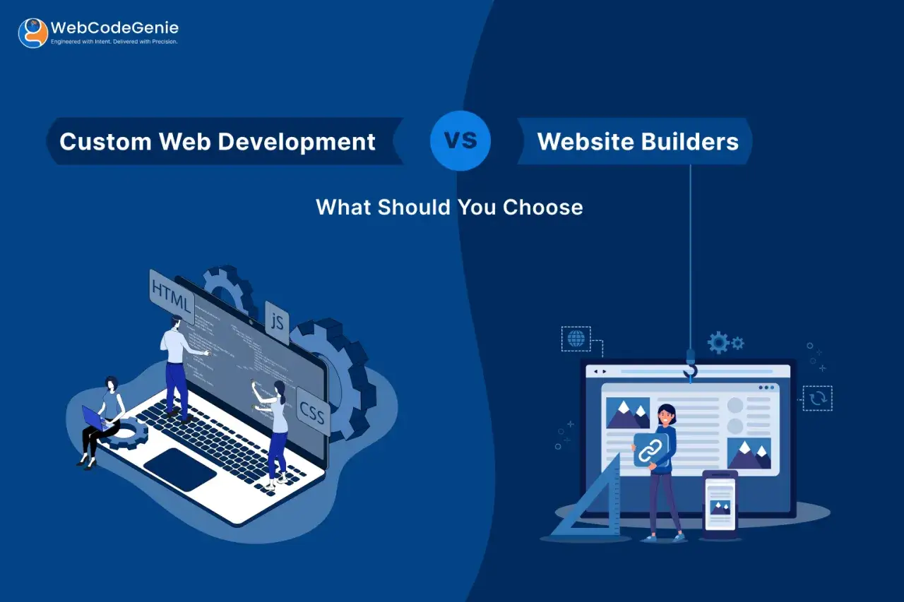 Développement web personnalisé vs. constructeurs de sites. Illustration montrant des développeurs codant sur un ordinateur portable (HTML, JS, CSS) et une personne utilisant un constructeur de site. Pas de liste des CMS ici.