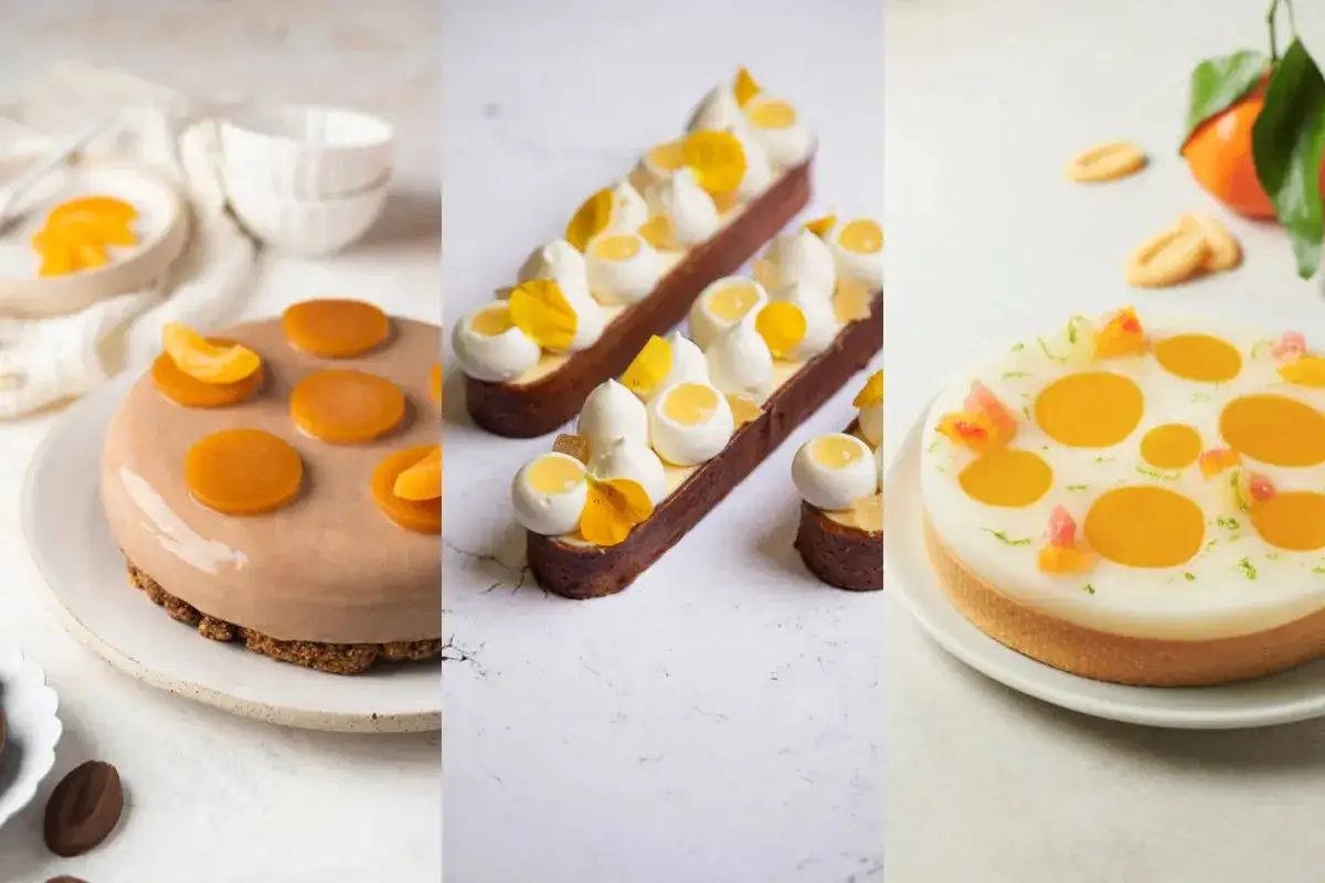 Idées pour que mettre sur un fond de tarte aux fruits : tartelettes rondes et rectangulaires garnies de crème, fruits et fleurs.