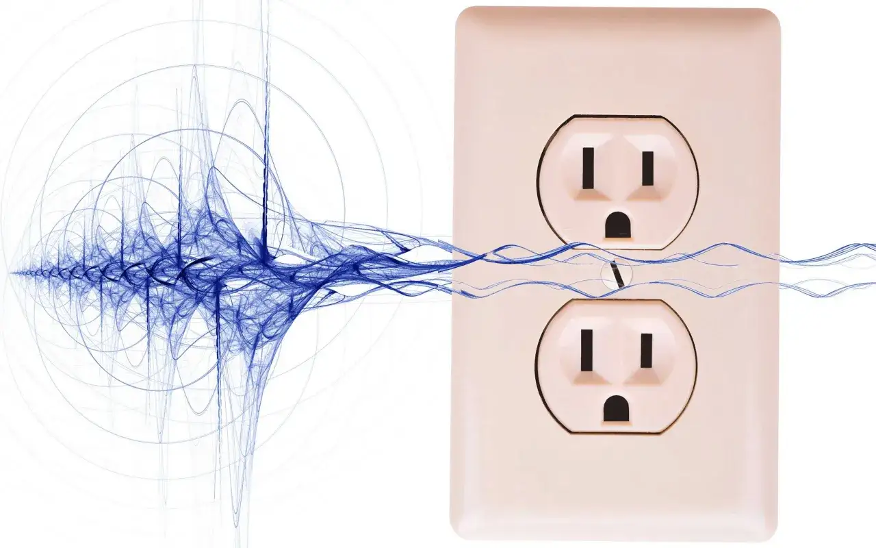 Onda azul abstracta conectada a un enchufe el&eacute;ctrico, sugiriendo un bucle de tierra o energ&iacute;a.