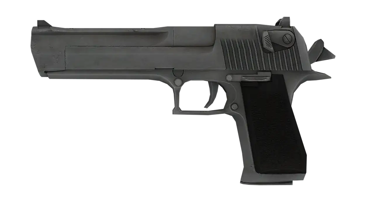 Szary pistolet Deagle z czarną rękojeścią, gotowy do akcji.