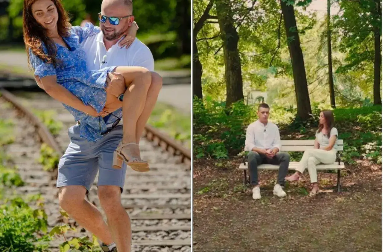 Rolnik szuka żony: mężczyzna niesie kobietę na rękach przy torach, a w drugiej części ujęcia para siedzi na ławce w parku.