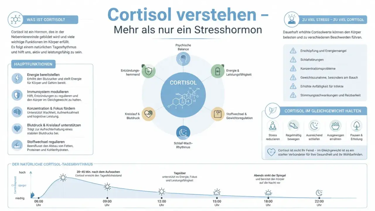 Cortisol odpowiada za energię, odporność, koncentrację, ciśnienie krwi, metabolizm i rytm snu. Pomaga w utrzymaniu równowagi organizmu.
