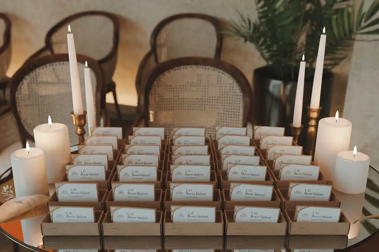 Des cartes pour un jeu mariage questions invit&eacute;s, dispos&eacute;es avec des bougies.
