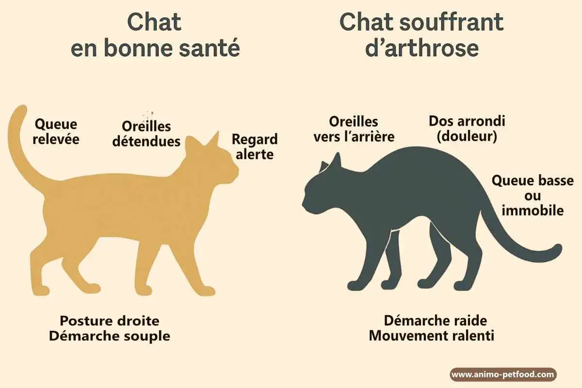 Illustration comparant un chat sain (queue relevée, démarche souple) et un chat souffrant d'arthrose, notamment à la patte avant, avec un dos arrondi et une démarche raide.
