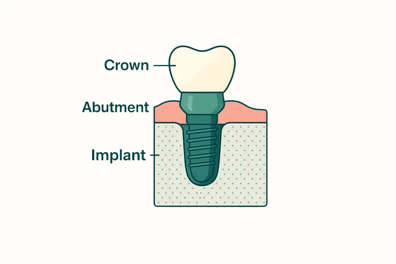 Ilustración de un implante dental con corona y pilar, mostrando cómo el mejor especialista en implantes dentales restaura tu sonrisa.