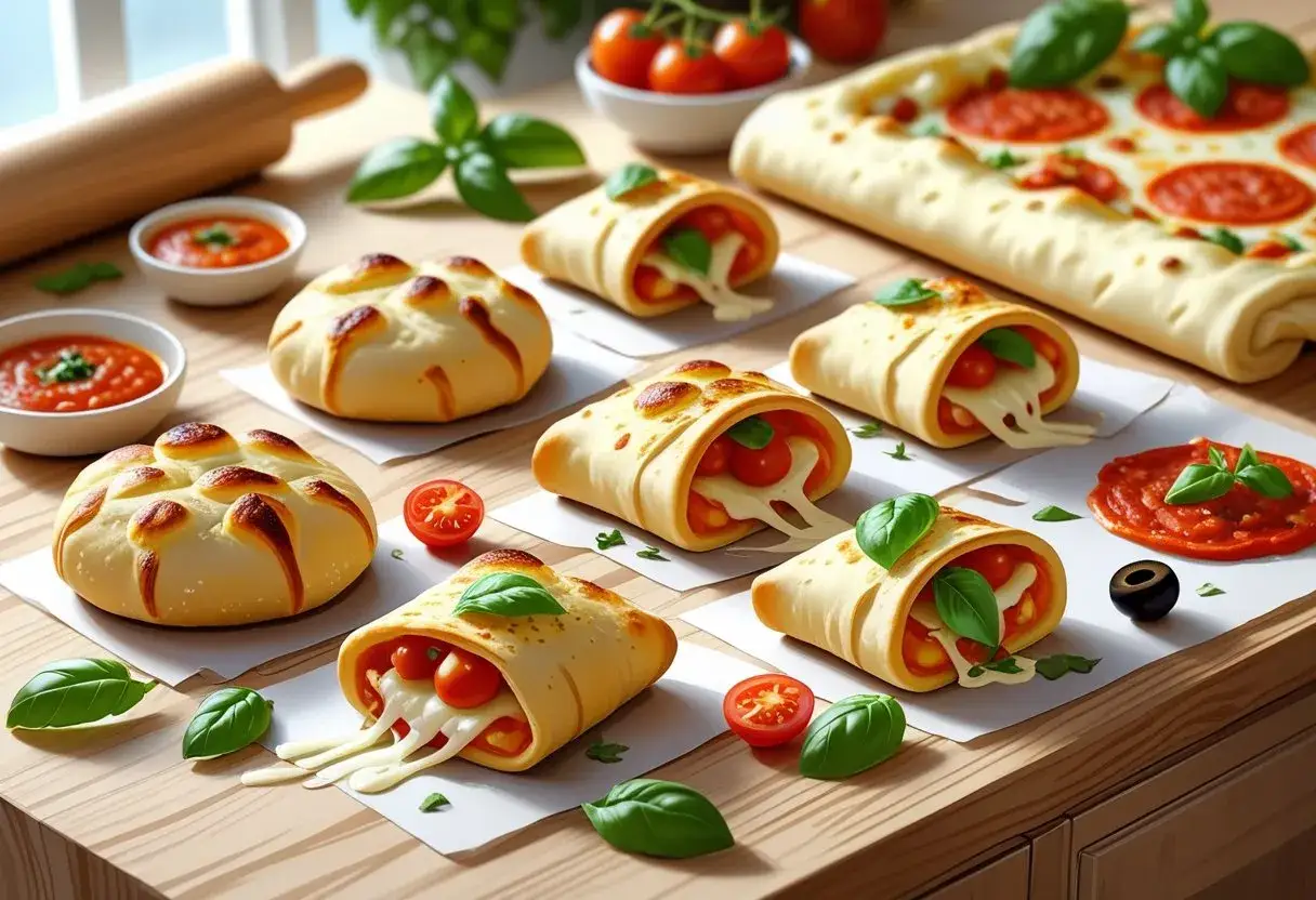 Pyszne rolki z ciasta na pizzę, nadziewane serem i pomidorkami, obok pizzy i sosu. Idealne, by pokazać, co zrobić z ciasta na pizzę!