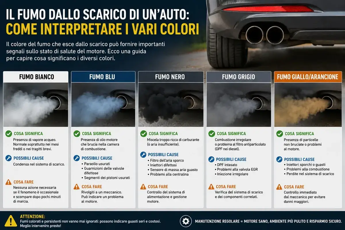Fumo blu dallo scarico: possibile presenza di olio motore che brucia. Sintomi di motore fuso o problemi seri. Rivolgersi a un meccanico.