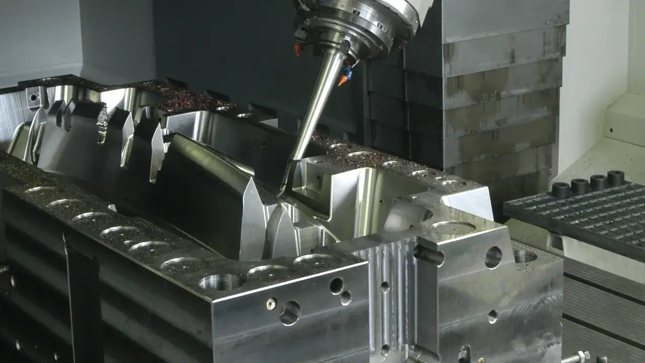 Obr&oacute;bka precyzyjna metalu przez frezarkę CNC, sterowaną za pomocą zaawansowanego **programu CAM**. Wi&oacute;ry metalu pokrywają obrabiany element.
