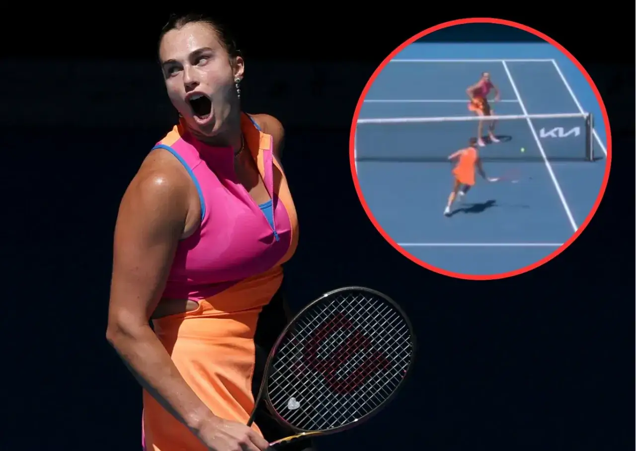 Emocjonalna tenisistka podczas Australian Open 2024. W k&oacute;łku widać fragment meczu na korcie.