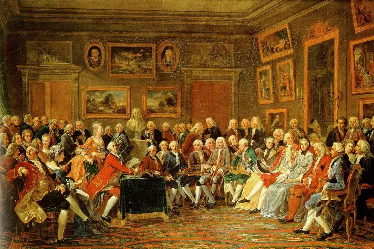 Eine Versammlung von Gelehrten und Damen in prächtiger Kleidung, die über Ideen der **Epoche der Aufklärung** diskutieren.