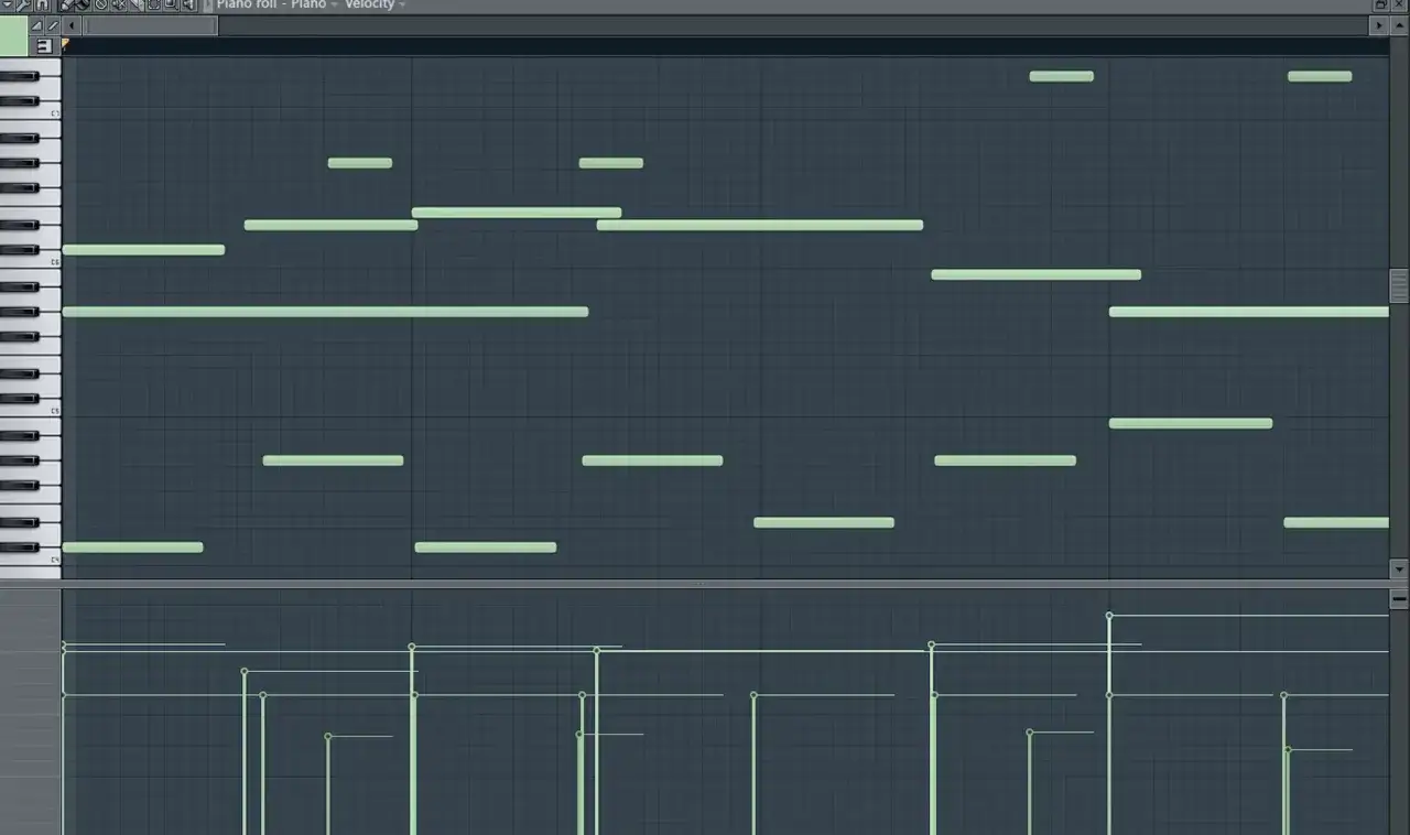 Fl Studio piano roll z zielonymi nutami i liniami velocity. Tworzenie melodii i rytmu.