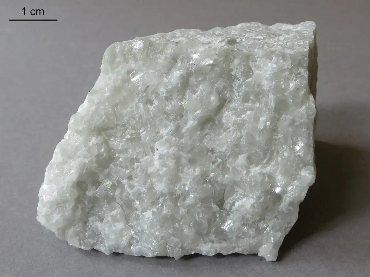 Weißer, kristalliner Stein mit schimmernden Flächen. Ein Stück Gestein, das reich an **Carbonat** ist, mit einem Maßstab von 1 cm.