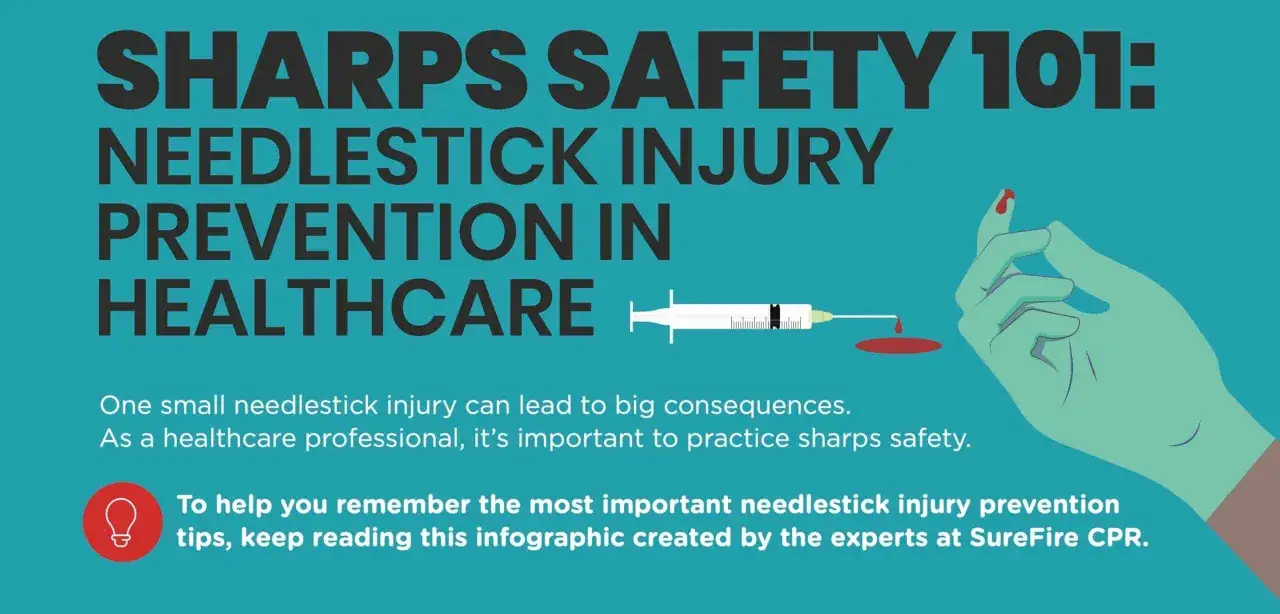 Main d'un professionnel de sant&eacute;, une piq&ucirc;re aiguille sans saignement. Infographie sur la pr&eacute;vention des blessures par objets piquants.