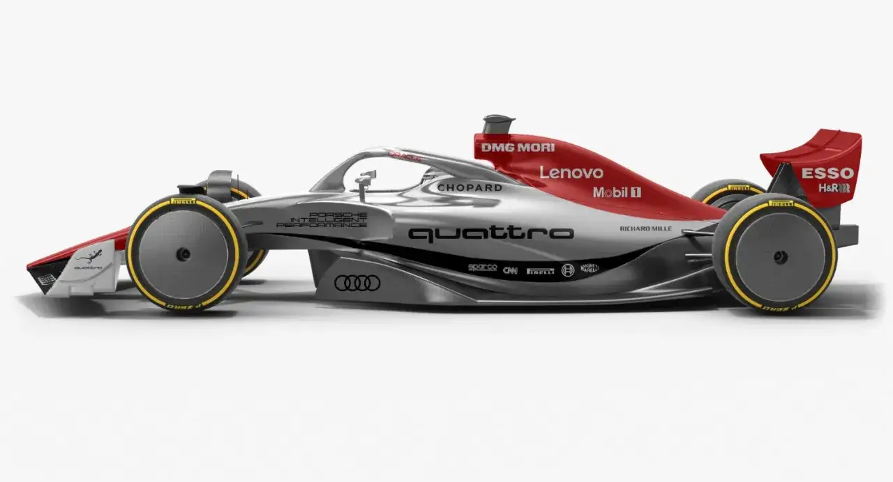 Coche de F1 plateado y rojo con patrocinadores como Lenovo y Audi, anticipando el reglamento F1 2026.