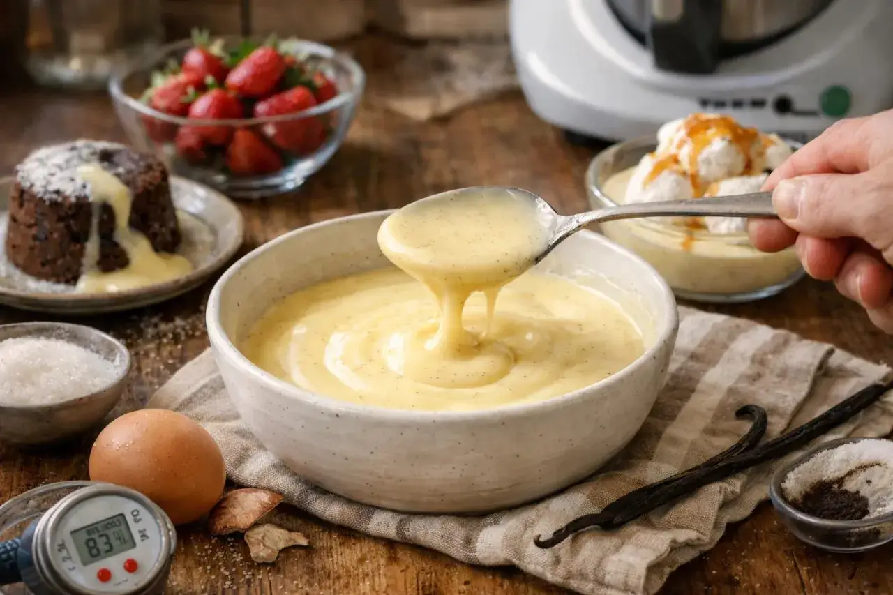 Une cuillère verse une onctueuse crème anglaise, parsemée de points de vanille. À côté, un gâteau au chocolat, des fraises et des ingrédients pour la préparer.