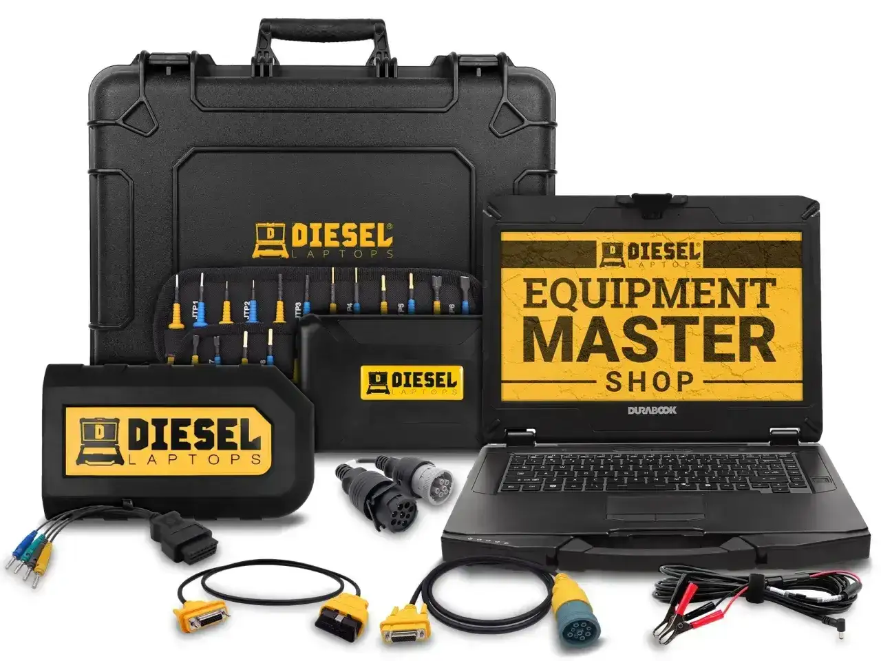 Zestaw diagnostyczny Diesel Laptops do naprawy problemów, gdy samochód nie ma mocy i szarpie diesel. Zawiera laptop, walizkę z narzędziami i kable.