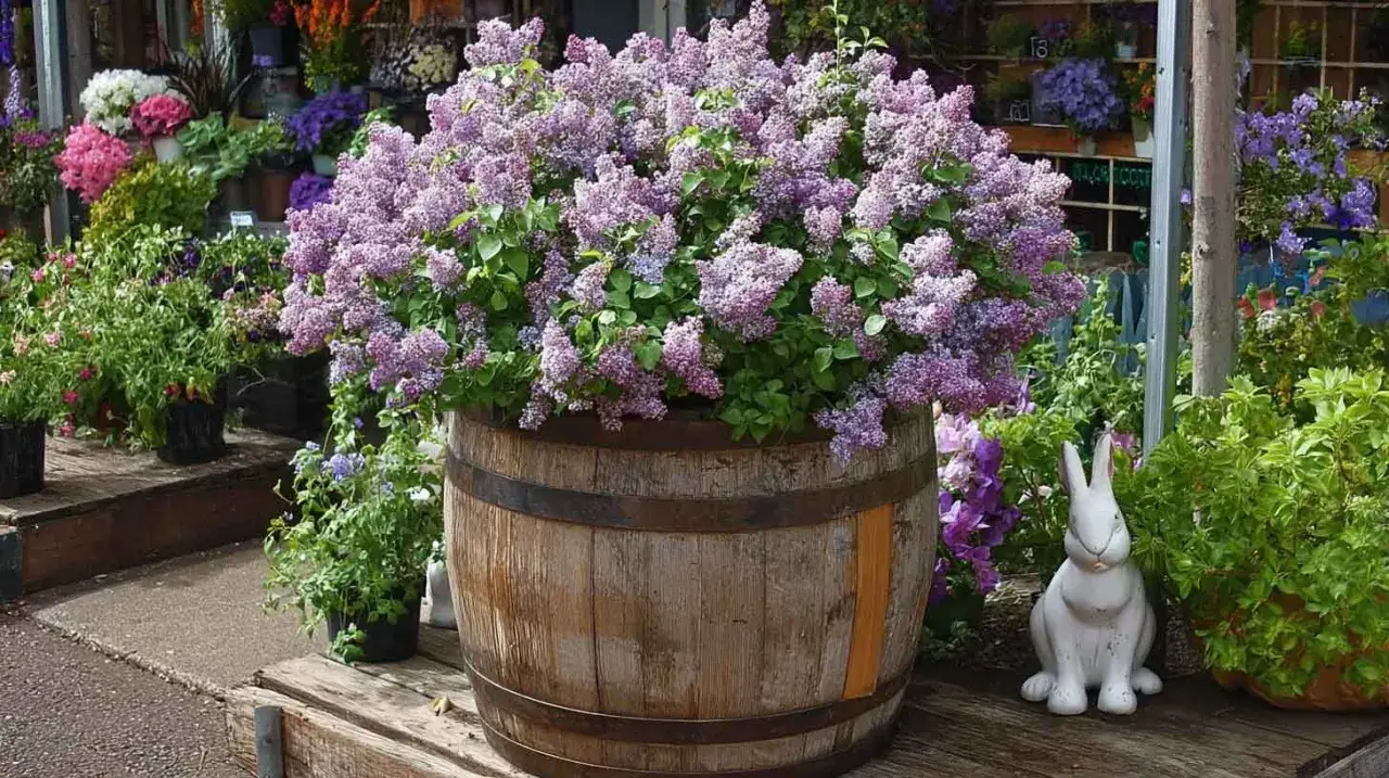Un magnifique lilas en pot, débordant de grappes violettes, trône dans un tonneau en bois. Un lapin blanc veille à ses côtés.