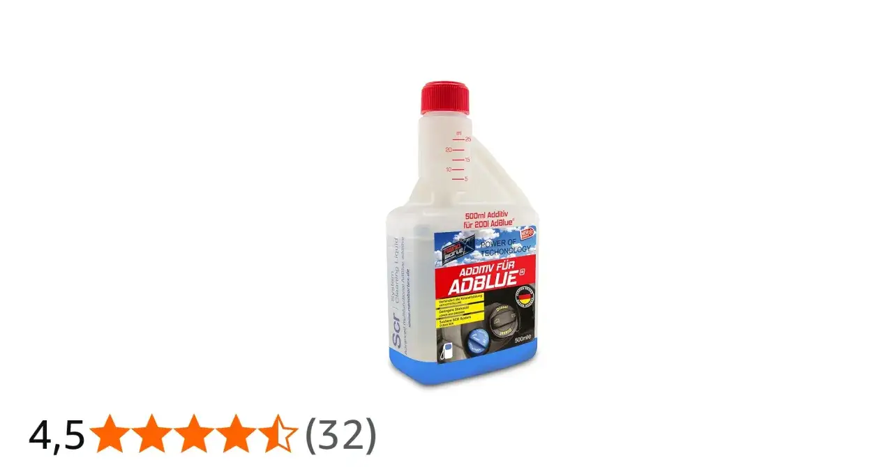 En flaska AdBlue-tillsats med mätsticka. Förhindrar kristallbildning och ger lägre NOx-utsläpp.