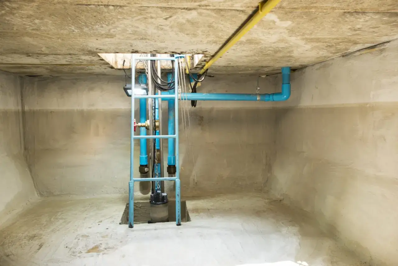 Betonierte Zisterne mit Pumpenanlage und blauem Rohrleitungsystem. Die W&auml;nde zeigen Spuren von Feuchtigkeit, was auf die Notwendigkeit hinweist, die Zisterne abzudichten.